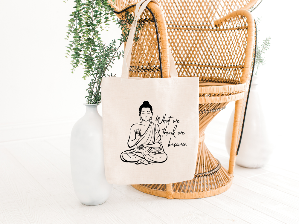 Buddha tote bag with what we think we become quote, the holistic hamper