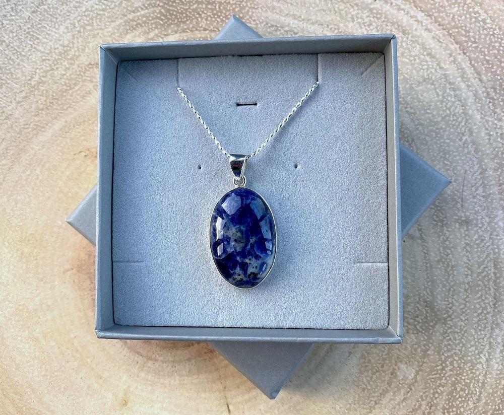 Oval sterling silver sodalite pendant with chain in a box, the holistic hamper crystals