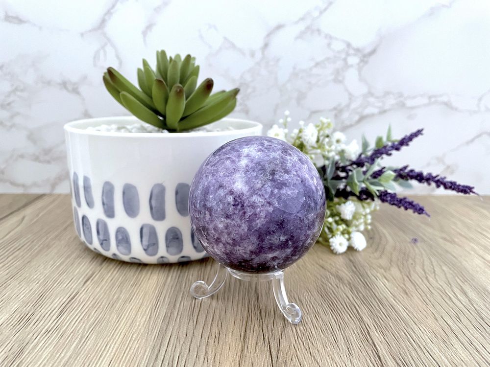 purple mica lepidolite crystal sphere on stand, the holistic hamper crystals UK online shop