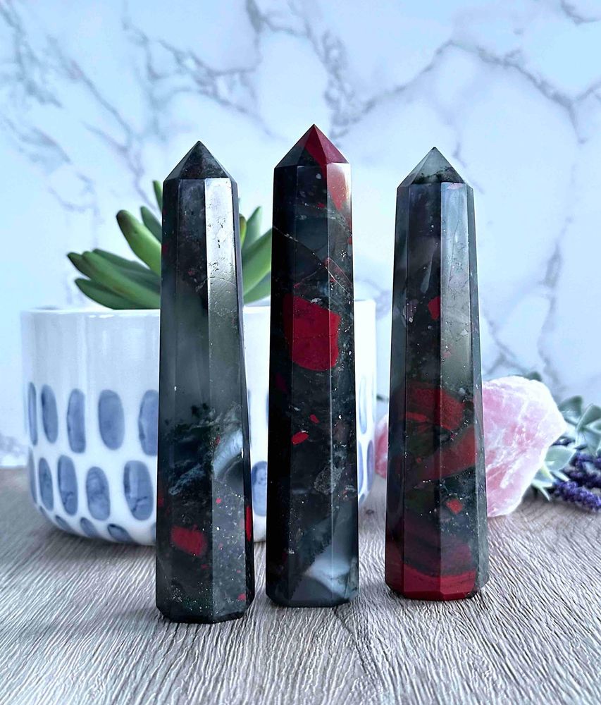three african bloodstone crystal towers red and green