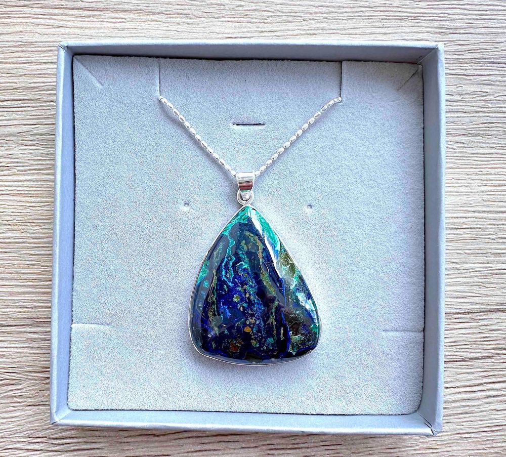 Azurite and Malachite rare stunning crystal pendant on a silver chain in gift box
