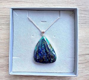 Azurite and Malachite rare stunning crystal pendant on a silver chain in gift box