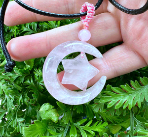 Rose quartz moon and star pendant necklace on adjustable cord