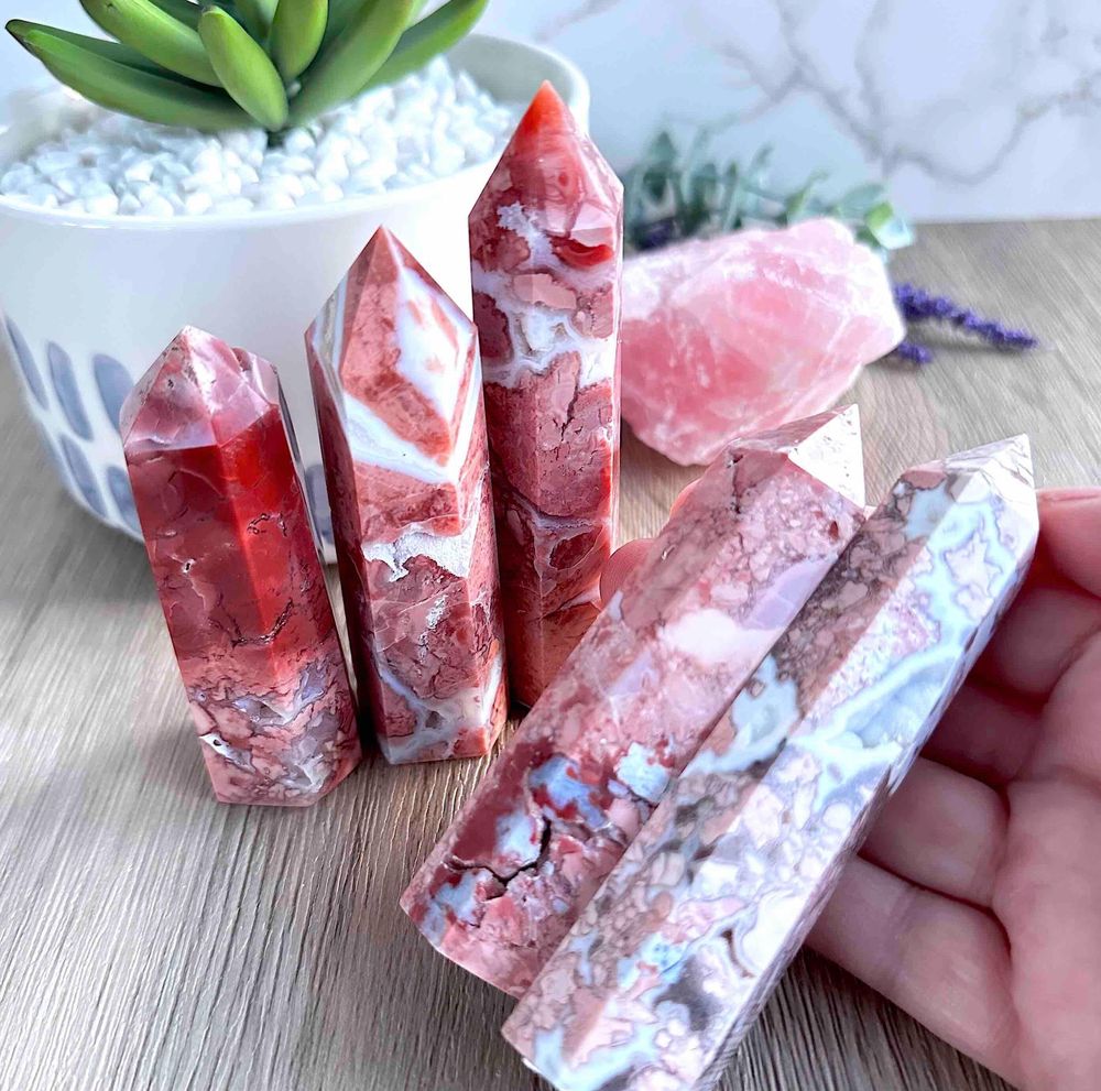 pink flower agate crystal towers with druzy