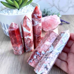 pink flower agate crystal towers with druzy