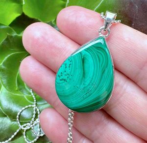 Green Teardrop malachite pendant on a silver chain