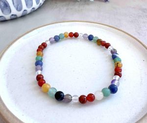 4mm round bead chakra crystal stretch bracelets in rainbow colours on a dish