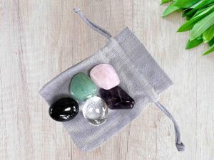 New Home Crystal Set for Protection, Love & Positive Energy with five tumbled stones and properties card