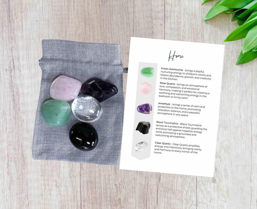 New Home Crystal Set for Protection, Love & Positive Energy with five tumbled stones and properties card