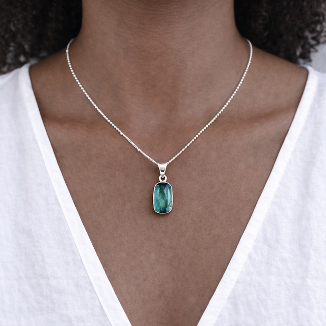Green Kyanite Sterling Silver Pendant Calming Balance
