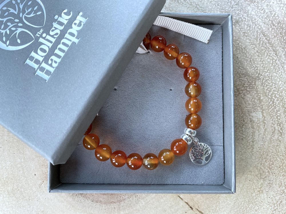 Carnelian crystal sterling silver charm bracelet with box, the holistic hamper crystals uk