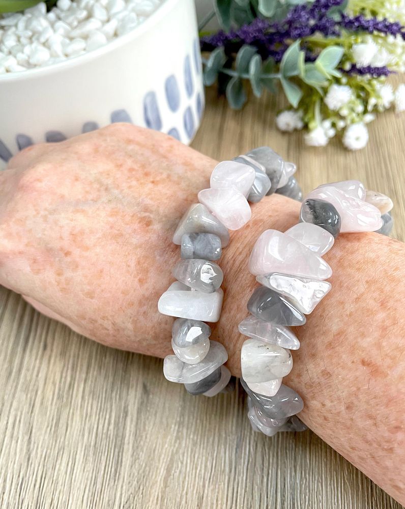 pink and grey luna rose quartz chunky chip bracelet, the holistic hamper crystal shop UK
