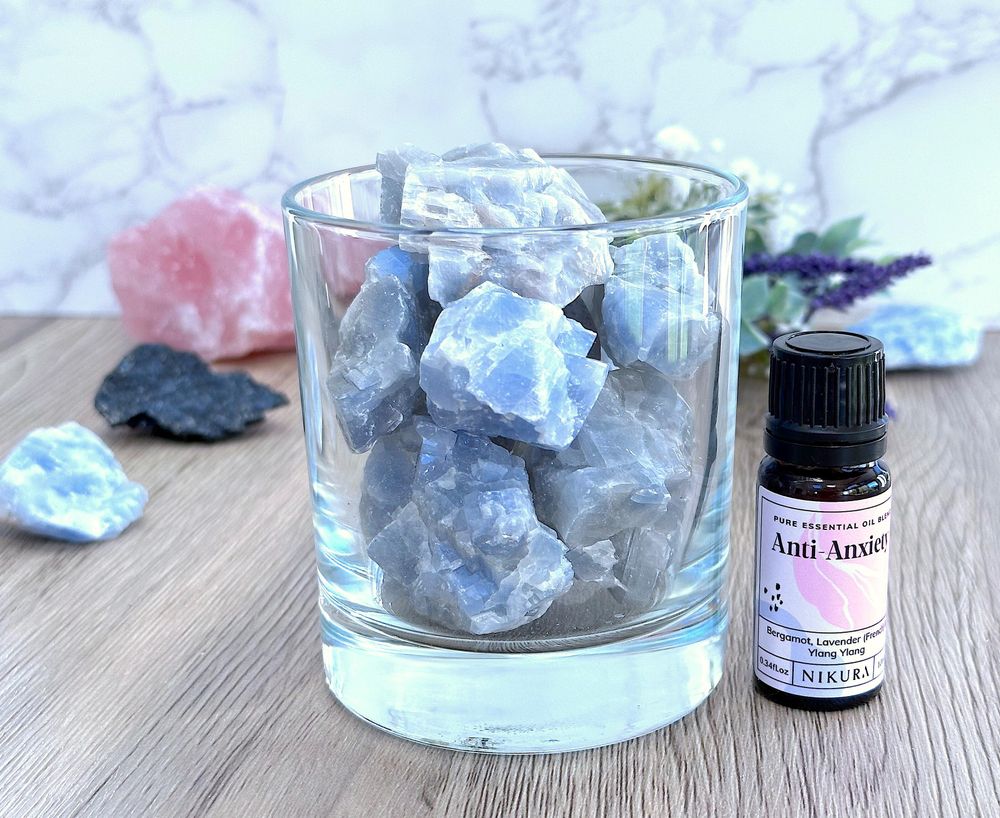 blue calcite crystal diffuser with anti anxiety oil blend