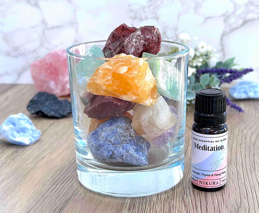 Chakra Crystal Diffuser for essential oils with lava tumble stone and meditation oil blend