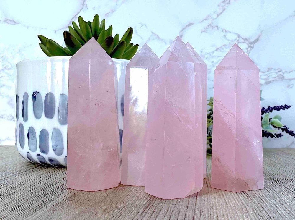 pink Rose quartz towers from Mozambique, the holistic hamper crystals