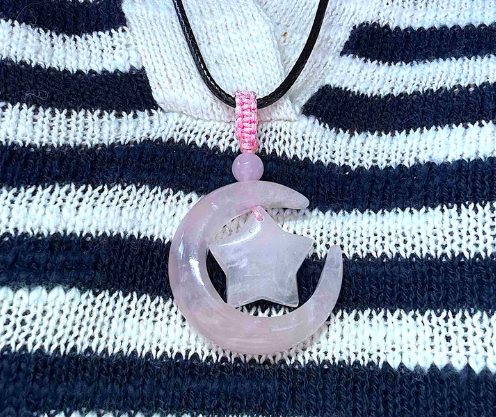 Rose quartz moon and star pendant necklace on adjustable cord