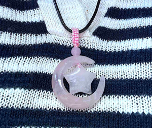 Rose quartz moon and star pendant necklace on adjustable cord