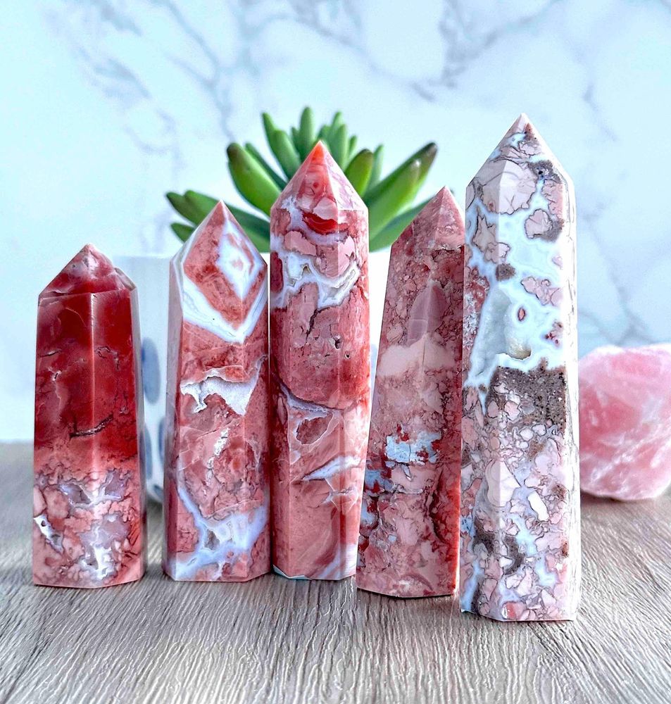 pink flower agate crystal towers with druzy