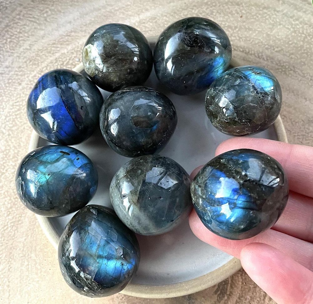 Large Grade A Labradorite Cuddle tumble stones on a plate, the holistic hamper crystals UK online shop