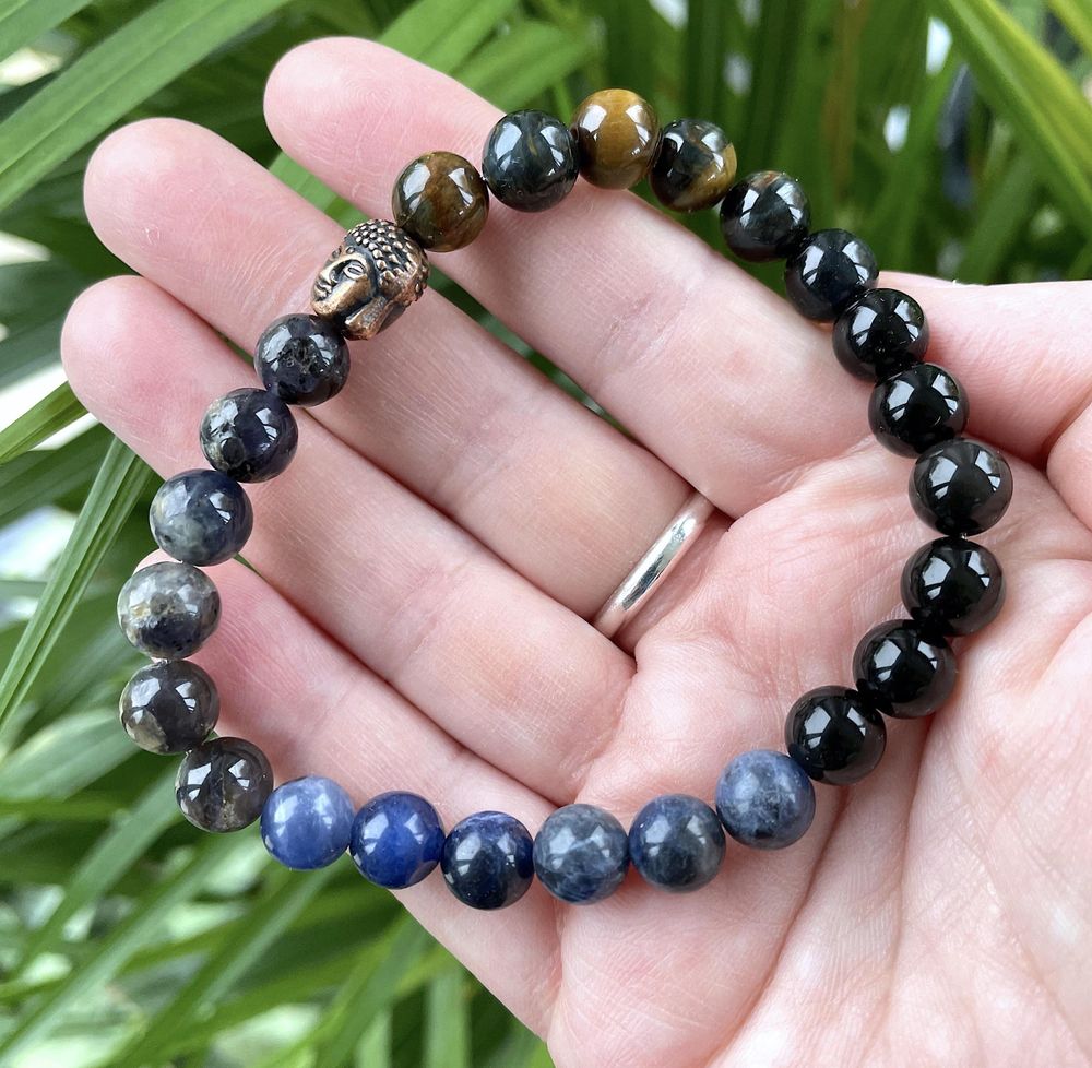 Handmade Mens crystal bracelet, blues blacks, The Holistic Hamper online crystal shop UK