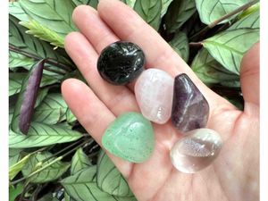New Home Crystal Set for Protection, Love & Positive Energy with five tumbled stones and properties card
