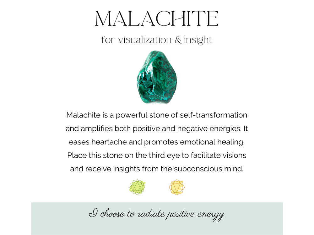 Malachite healing crystal tumble stone information card, The Holistic Hamper, online crystal shop UK
