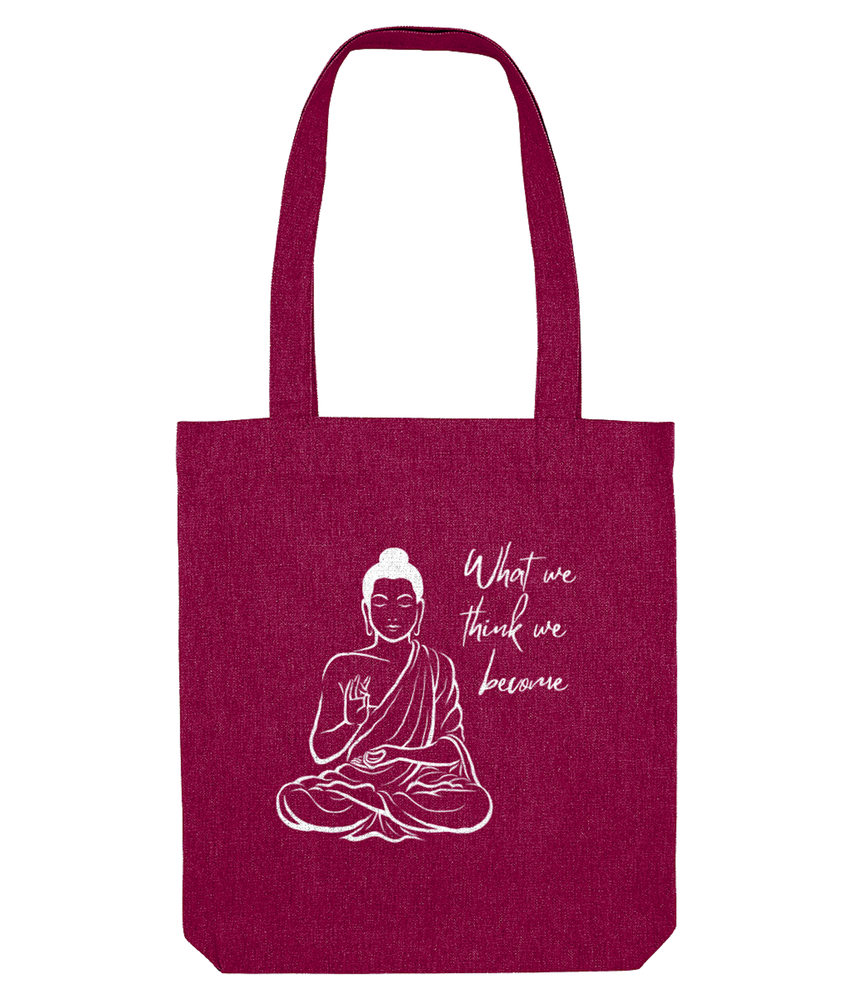 Buddha tote bag burgundy with what we think we become quote, the holistic hamper