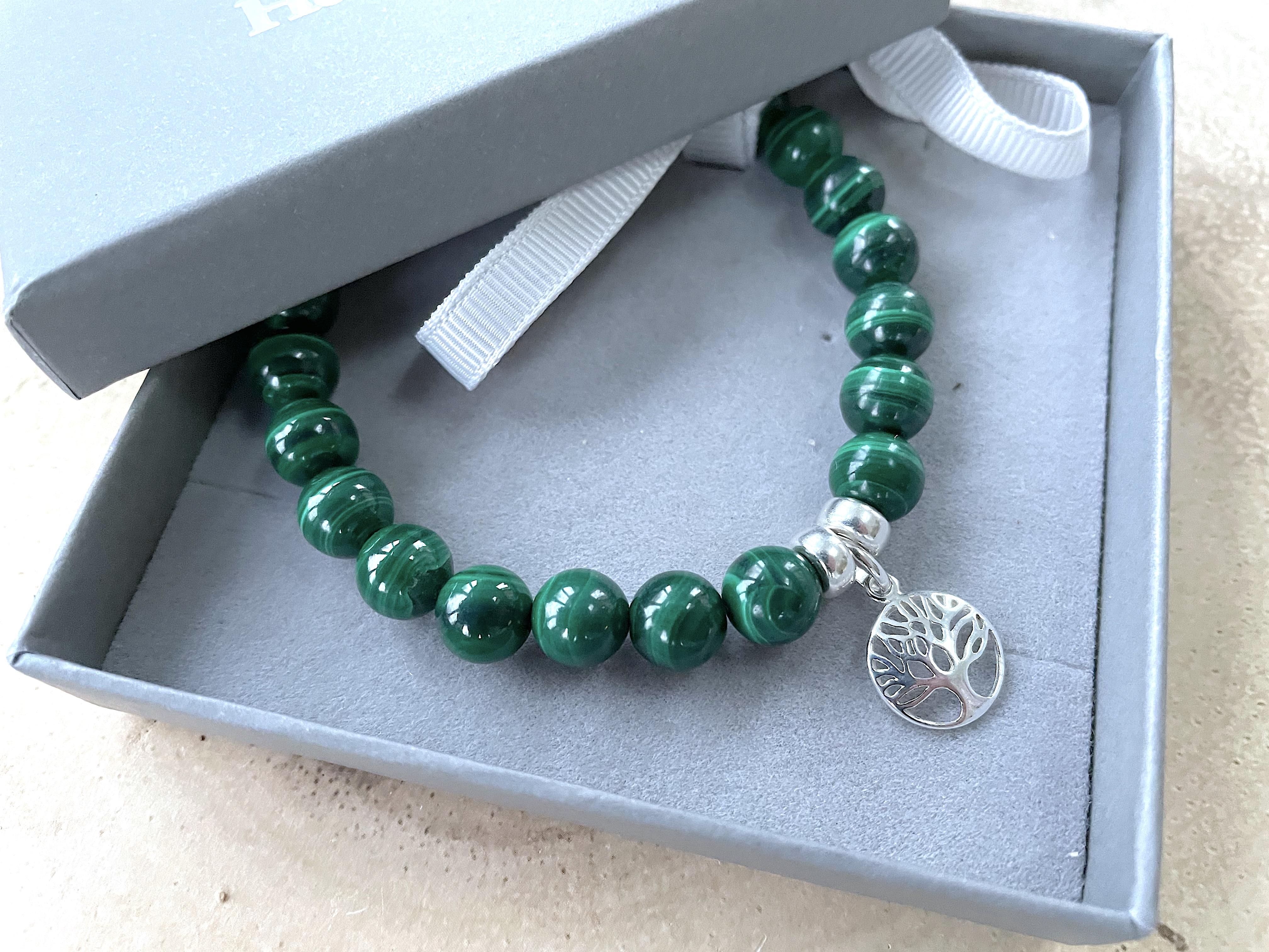 Malachite Crystal Sterling Silver Charm Bracelet