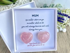 mum crystal gift box with two rose quartz hearts and a poem, the holistic hamper UK crystal shop