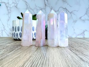 aura rose quartz towers, crystal towers from the holistic hamper crystals