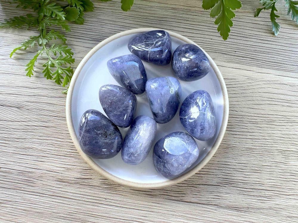 blue iolite crystal tumbled stones on a dish