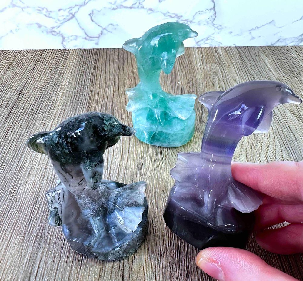 freestanding crystal animal dolphin in fluorite and green moss agate