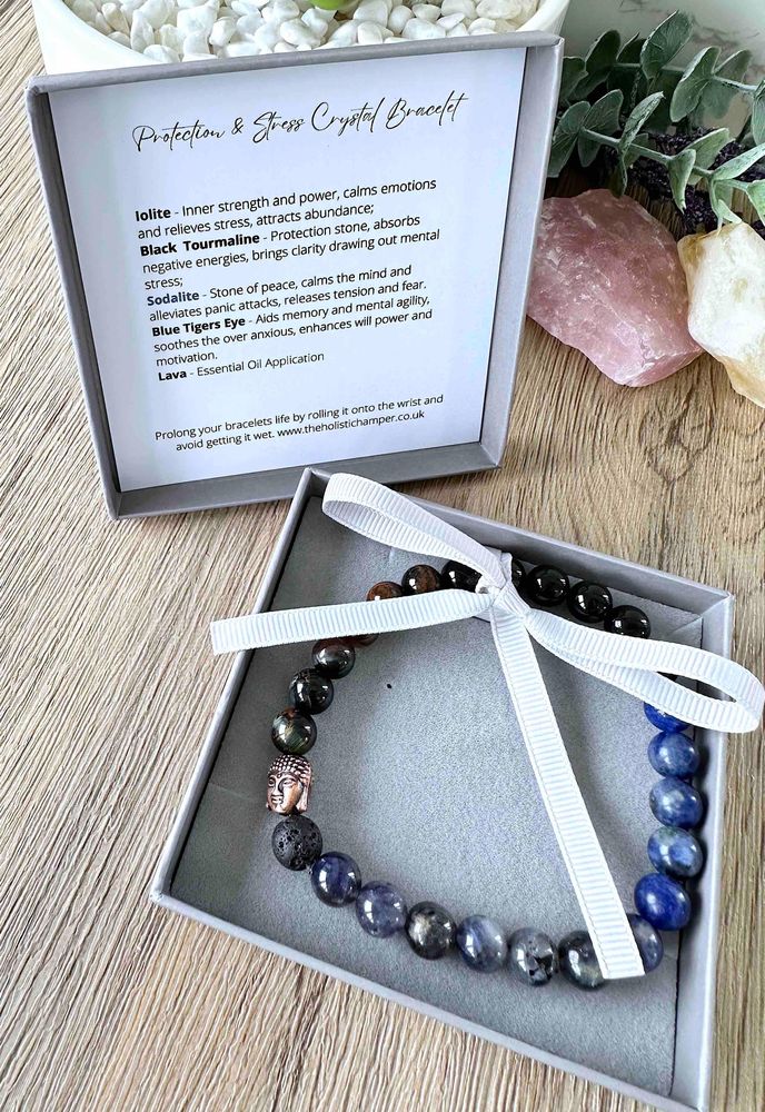 Handmade Mens crystal bracelet, blues black in a box, The Holistic Hamper online crystal shop UK