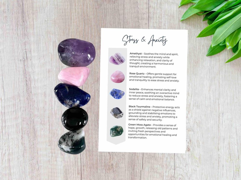 Anxiety & Stress relief crystals set of five tumbled stones and properties card