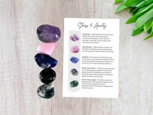 Anxiety & Stress relief crystals set of five tumbled stones and properties card