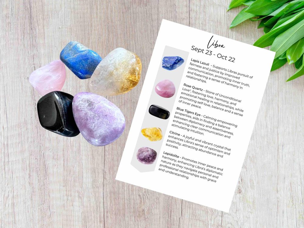 libra zodiac crystals set with five tumbled stones and properties card