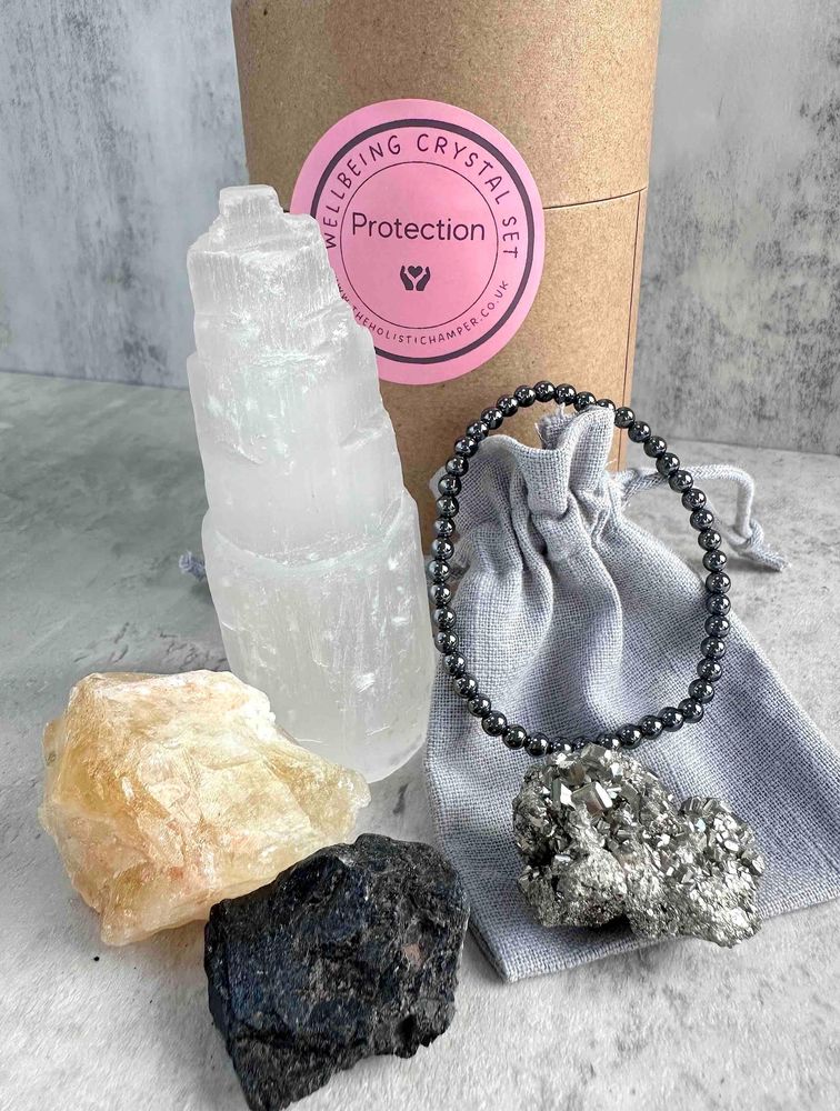 protection crystals set with selenite, hematite bracelet, pyrite, citrine and black tourmaline rough crystal