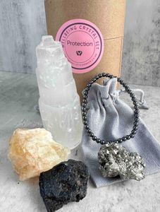 protection crystals set with selenite, hematite bracelet, pyrite, citrine and black tourmaline rough crystal