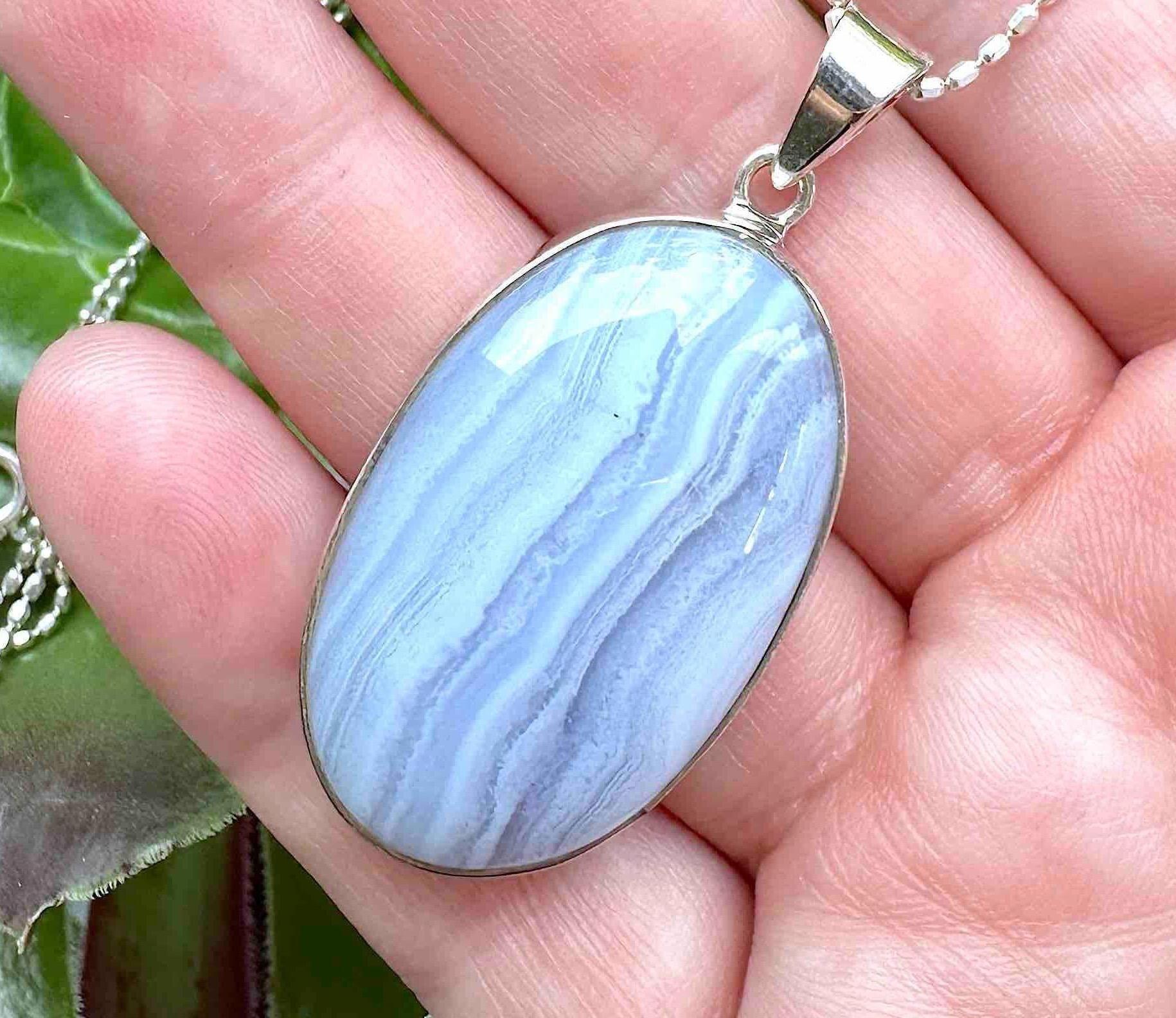 Sterling Silver Blue Lace Agate Crystal Pendant Optional Chain