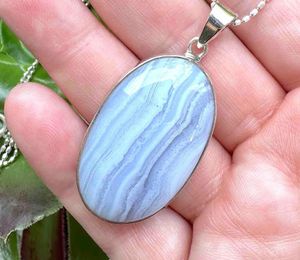 oval blue lace agate crystal pendant on chain