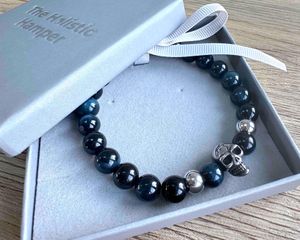 Blue tigers eye crystal mens bracelet in 8mm gemstone beads in a branded gift box