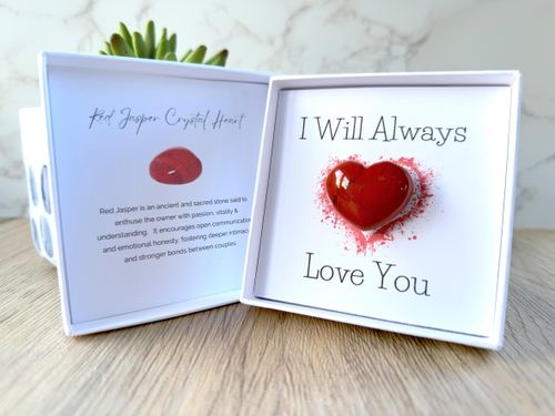 red jasper love heart with slogan I will always love you