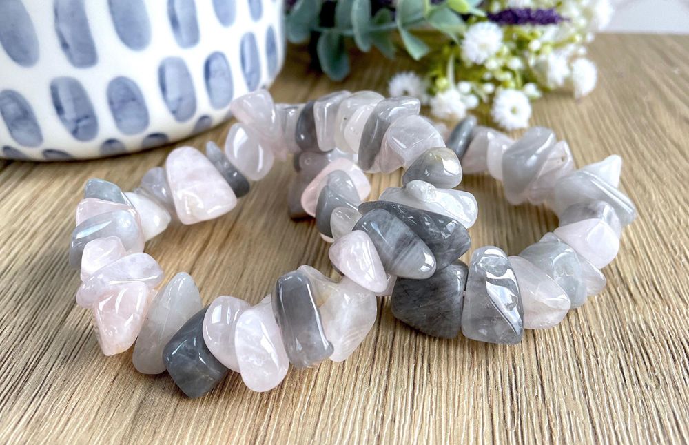 pink and grey luna rose quartz chunky chip bracelet, the holistic hamper crystal shop UK