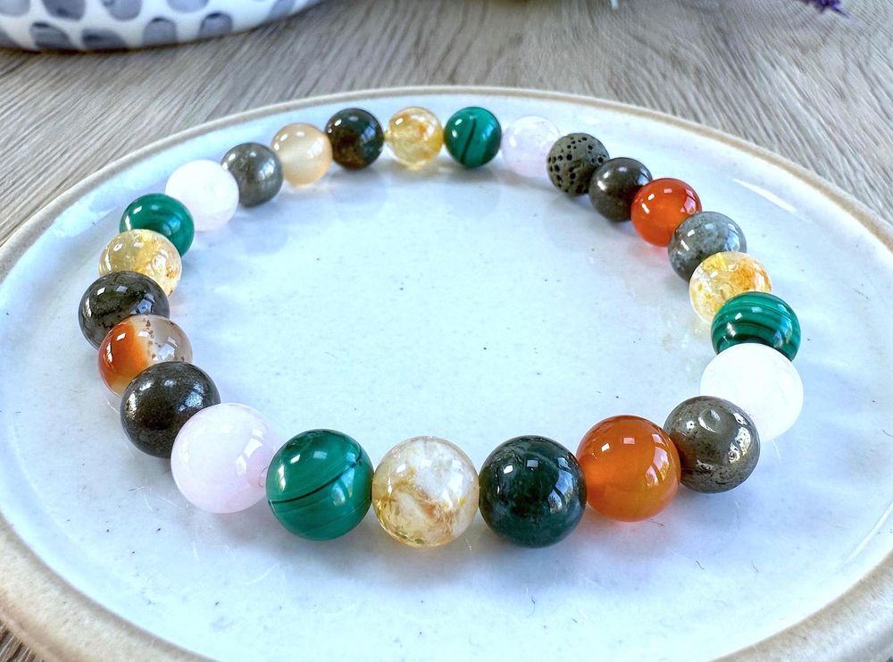 Fibromyalgia chronic illness crystal bracelet in oranges, greens and golds