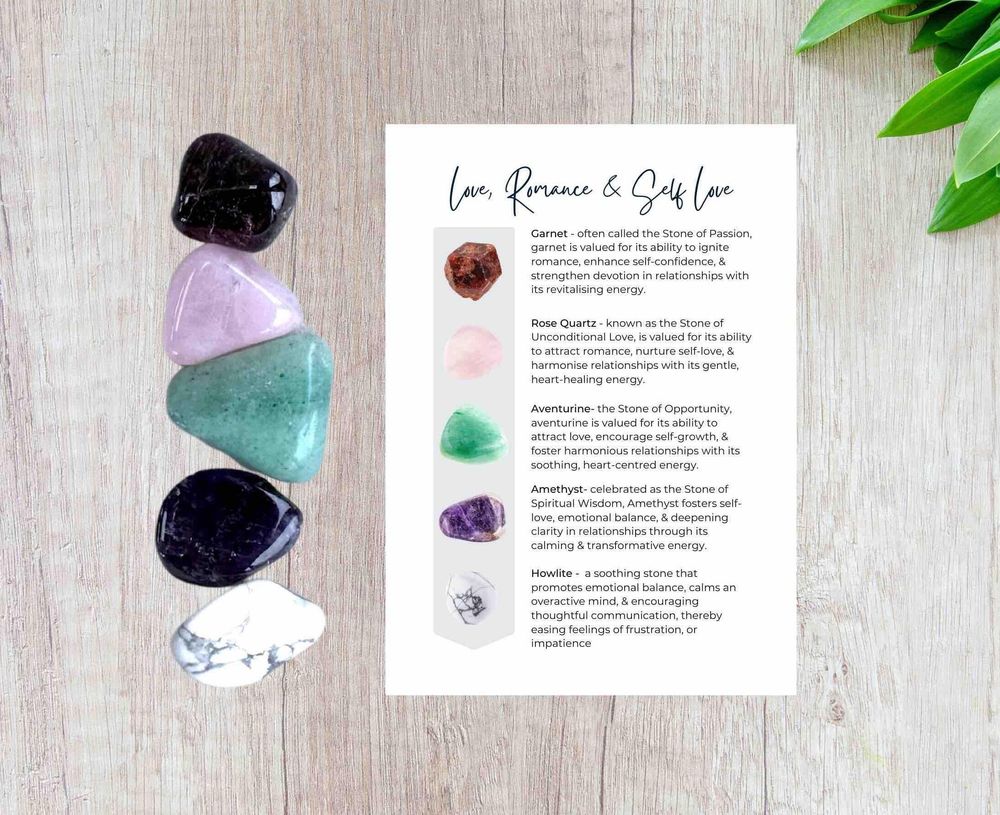 Love, romance and self love crystal set with five tumbled stones and properties card