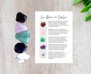 Love, romance and self love crystal set with five tumbled stones and properties card