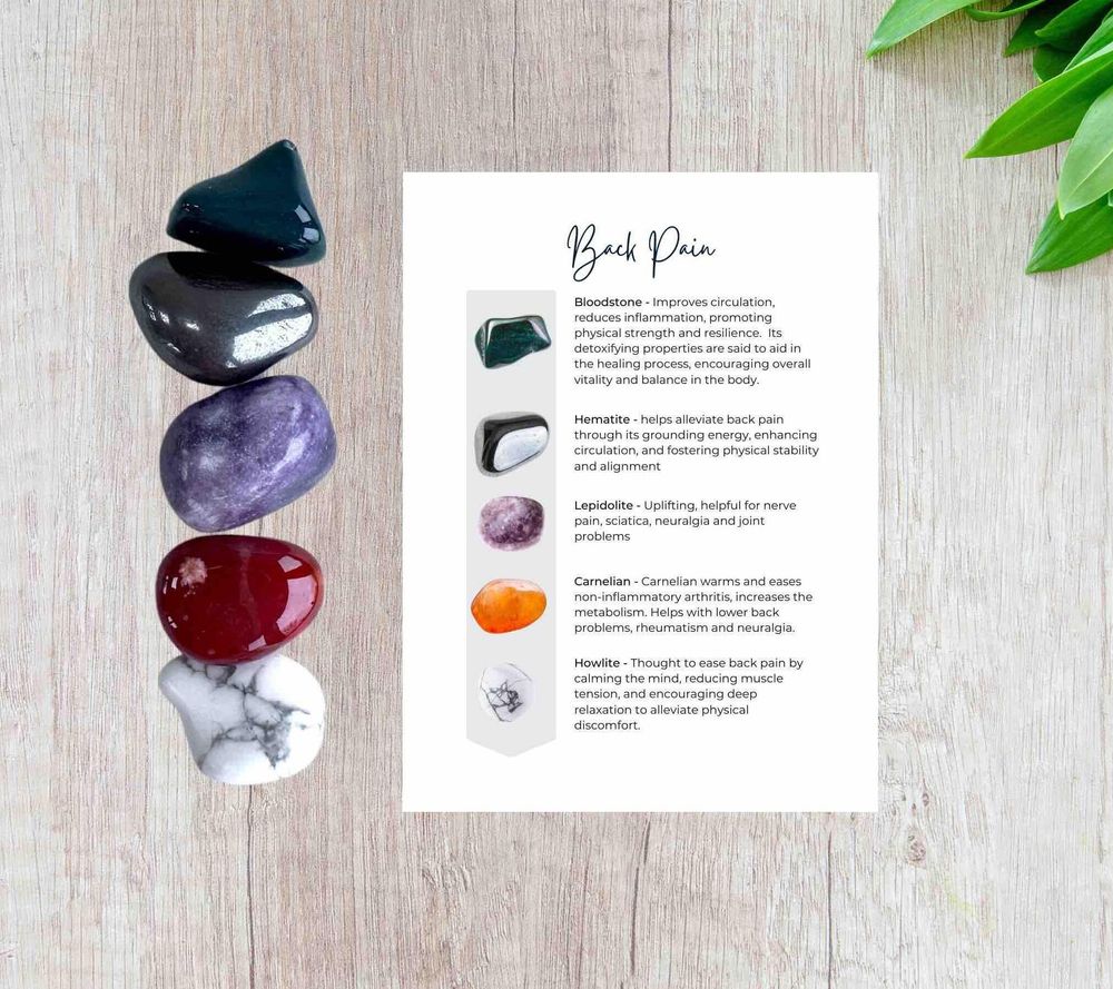 back pain five tumbled stones crystal set with properties card