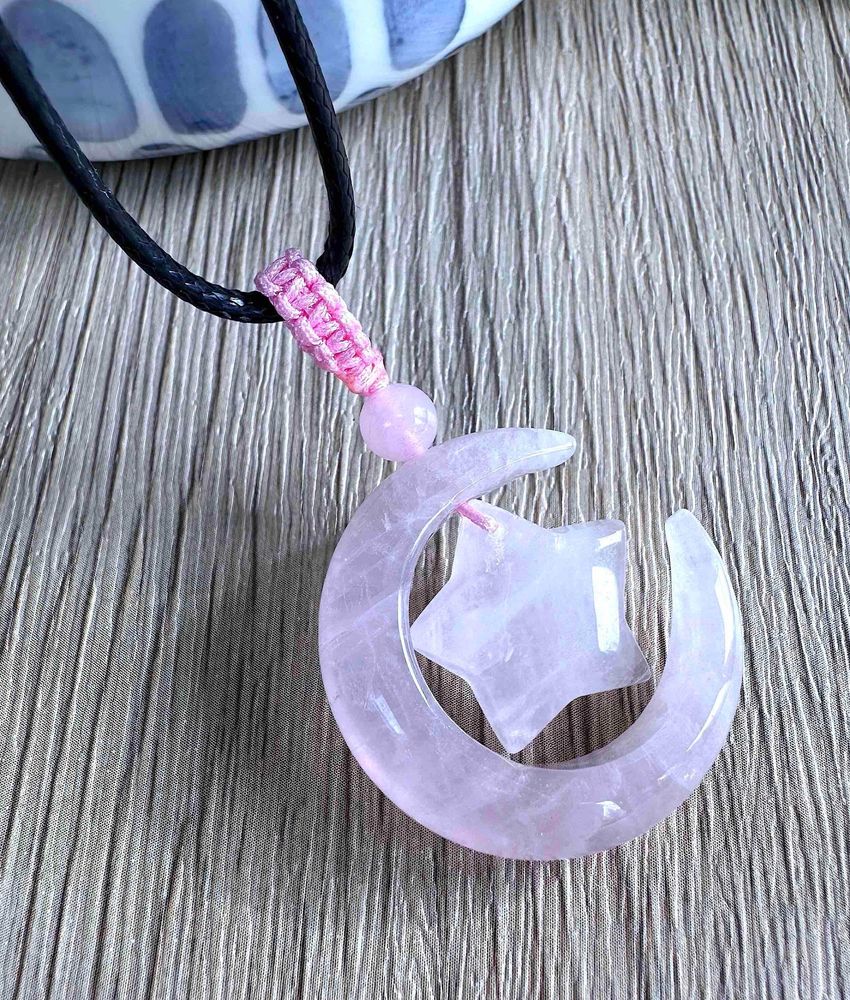 Rose quartz moon and star pendant necklace on adjustable cord
