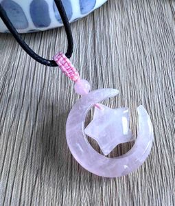 Rose quartz moon and star pendant necklace on adjustable cord