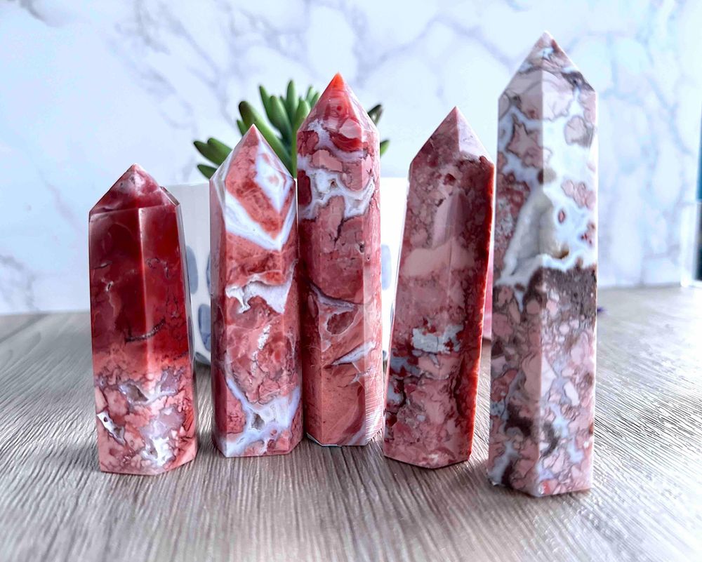pink flower agate crystal towers with druzy